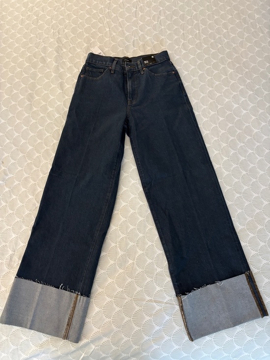 Denim - Women’s High Waisted Dark Wash Cuffed Wide Leg Jeans